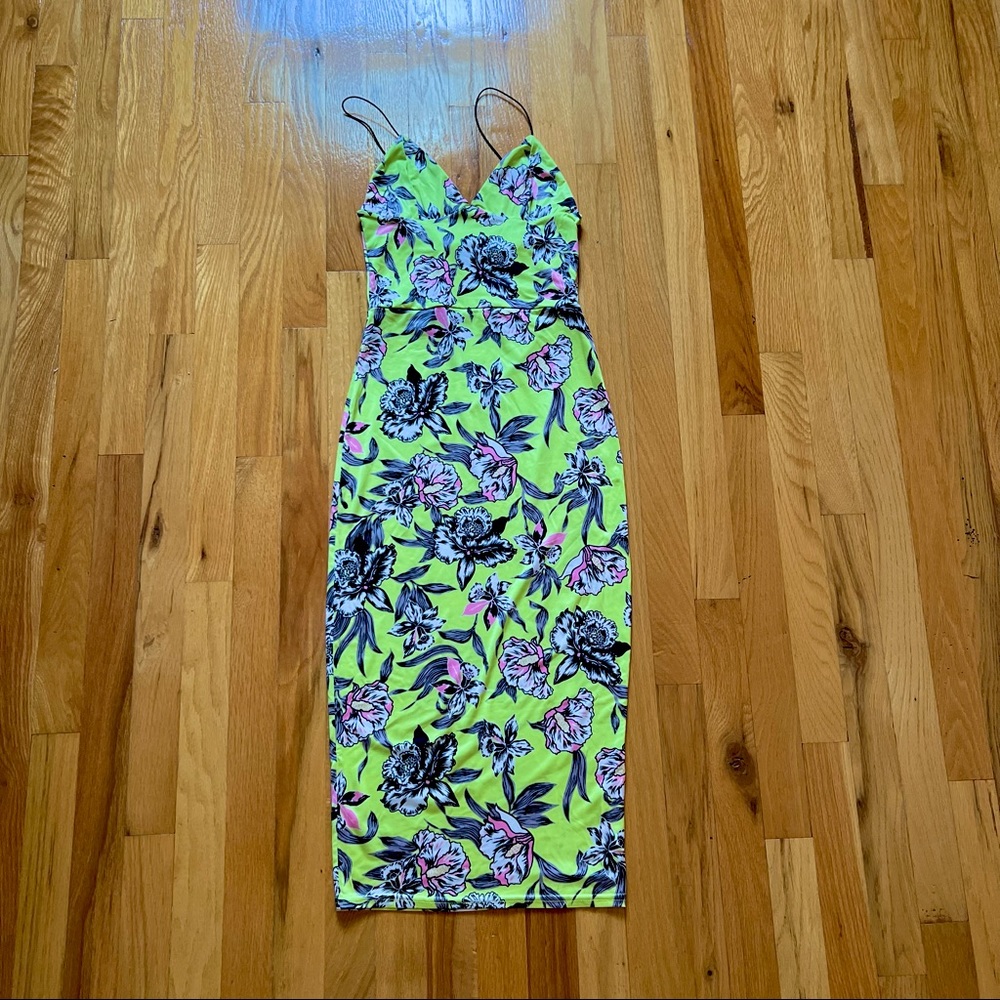 Neon yellow floral body con midi dress